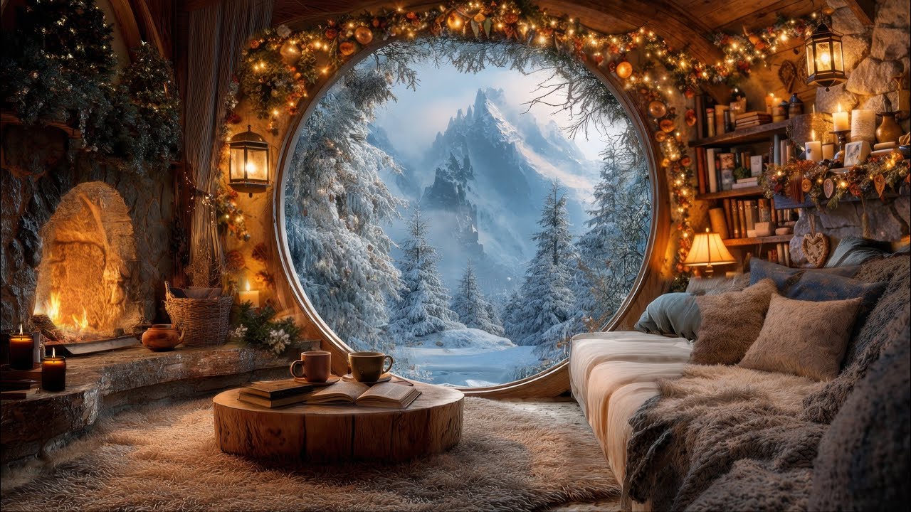 Winter Evening Ambience ❄️ Magical Relaxation | Fireplace, Falling Snow & Cozy Jazz