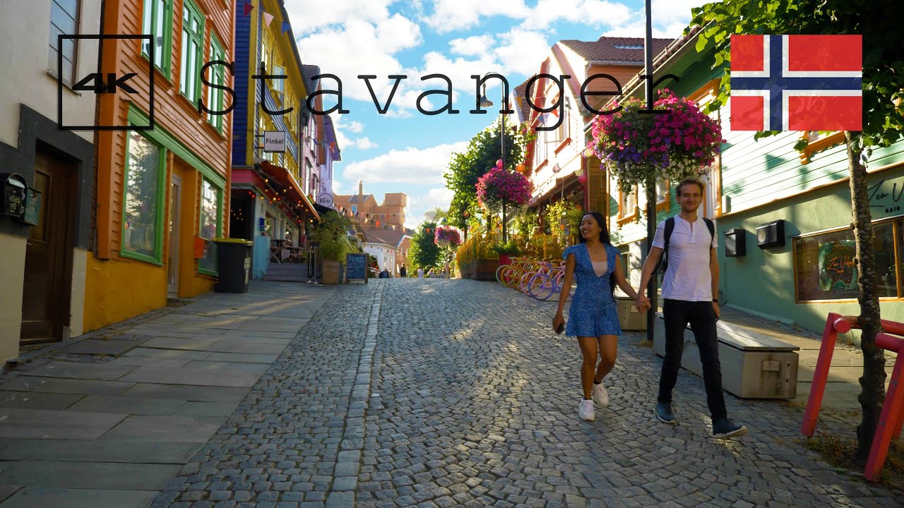Stavanger, Norway walking tour. 4k old town virtual summer evening.