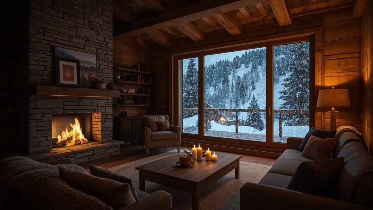 winter fireplace ambience. Cozy Winter Library Lodge