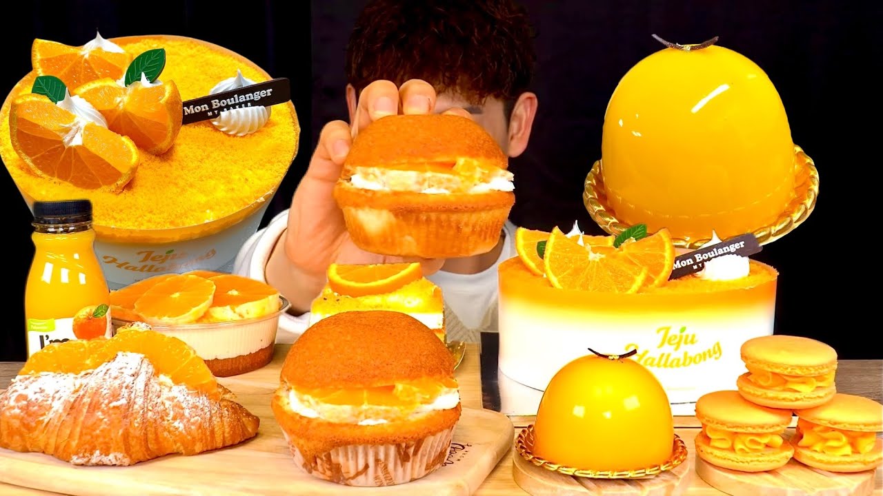ASMR 오렌지 디저트 파티🍊 오렌지 티라미수 케이크 망고무스 마카롱 먹방~!! Orange Cake Tiramisu Party 😋 Cheese Macaron MuKBang~!
