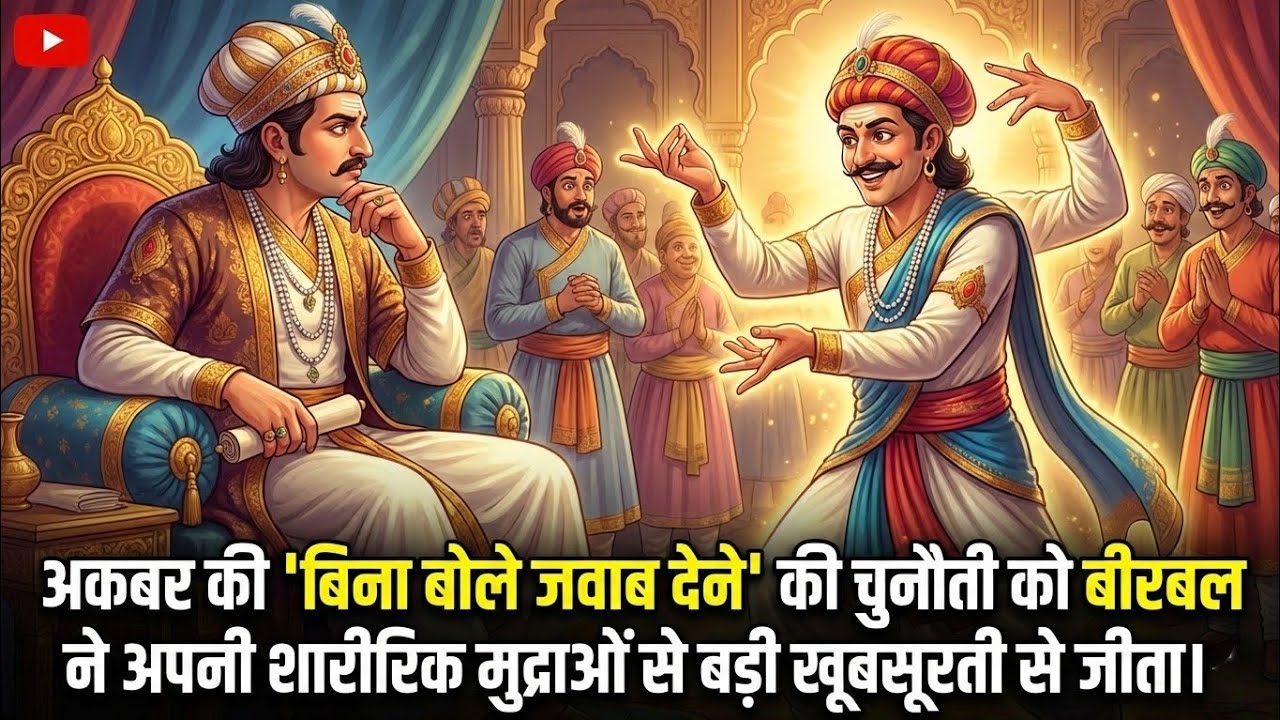 अकबर की 'बिना बोले जवाब देने' की चुनौती को बीरबल ने अपनी शारीरिक मुद्राओं से बड़ी खूबसूरती से जीता।