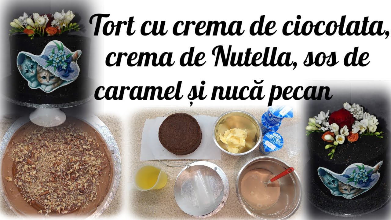 Tort cu crema de Ciocolata alba, crema de Nutella,sos de Caramel și nucă pecan.