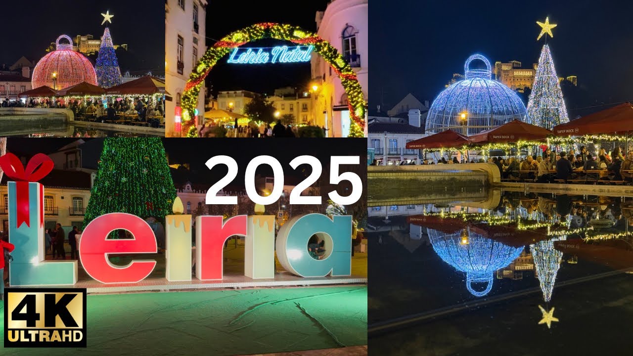 Luzes de Natal em Leiria, Portugal 🇵🇹 2025 com imagens aéreas, 4K virtual tour.