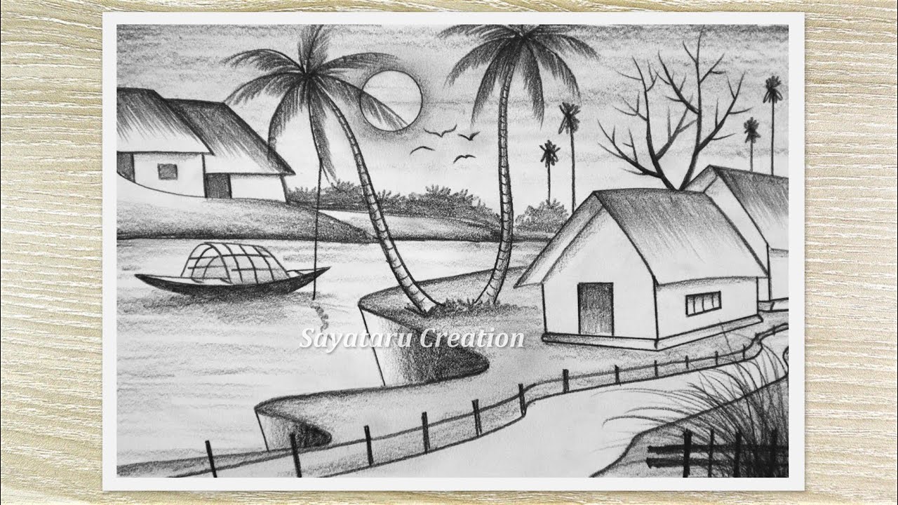 How to draw Beautiful Sunset Scenery with Pencil Easy Steps