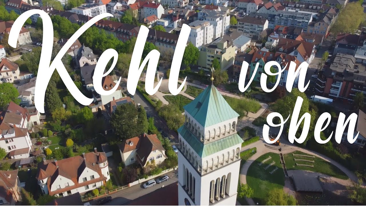 Kehl am Rhein • Sehenswürdigkeiten von oben: Passerelle, Altrhein, St Nepomuk Kirche (Drohnenflug)