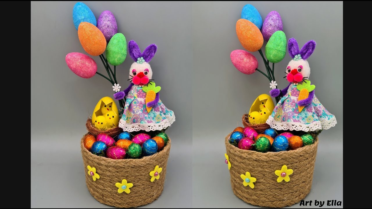 Idei creative cu decoratiuni de Paste!Aranjament de Paste! Iepuras din ou de polistiren si pompoane!