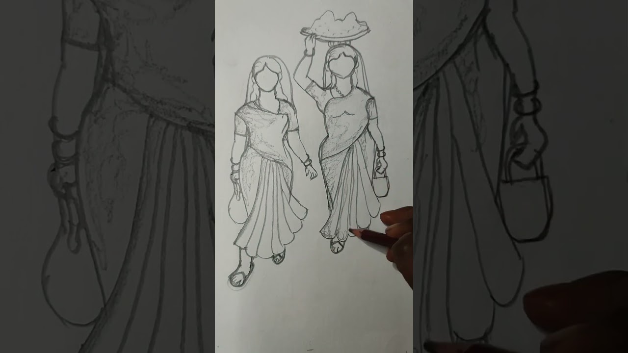 Pencil Sketch of Beautiful Indian Village Women 