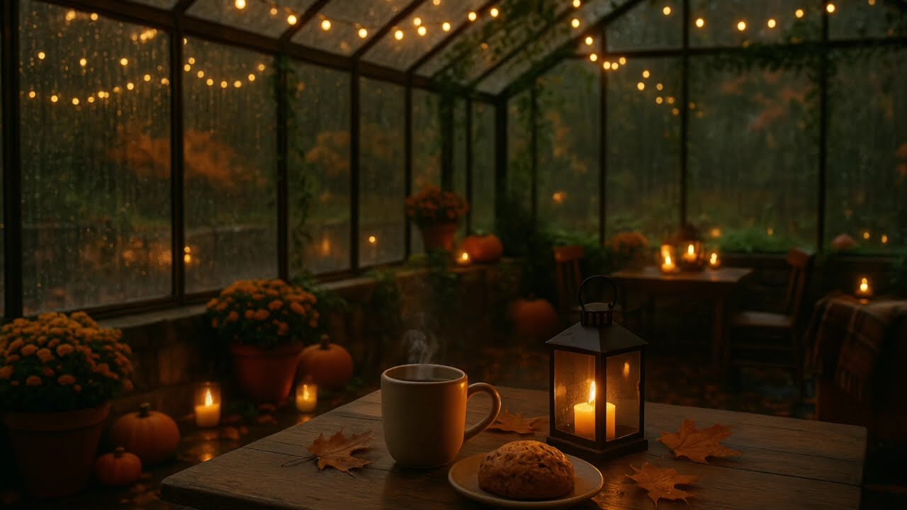 Fall Greenhouse Café Ambience | Rainy Autumn Day | Dark Academia | Instrumental Playlist | Piano
