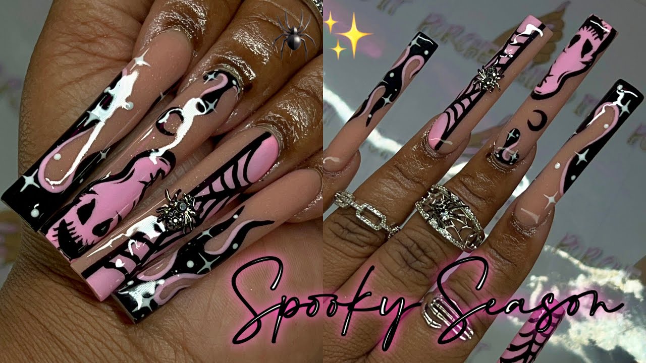 PINK & BLACK HALLOWEEN NAIL FREESTYLE 🩷🖤🕷️🕸️ | HOW TO OOGIE BOOGIE MAN | FULL NAIL TUTORIAL ✨