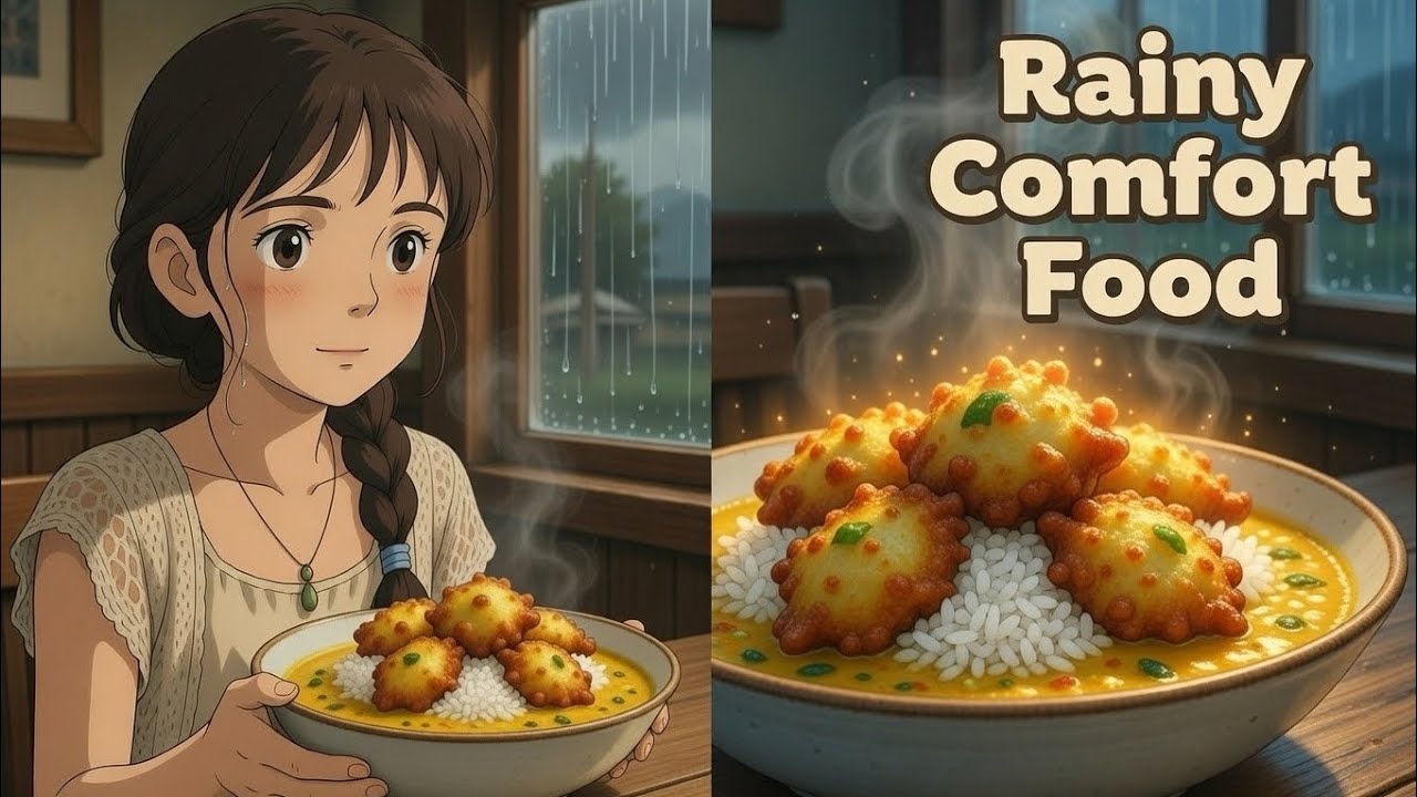 Rainy Day Kadhi Pakora 🍲🌧️ Cozy Ghibli Village Cooking in the Storm