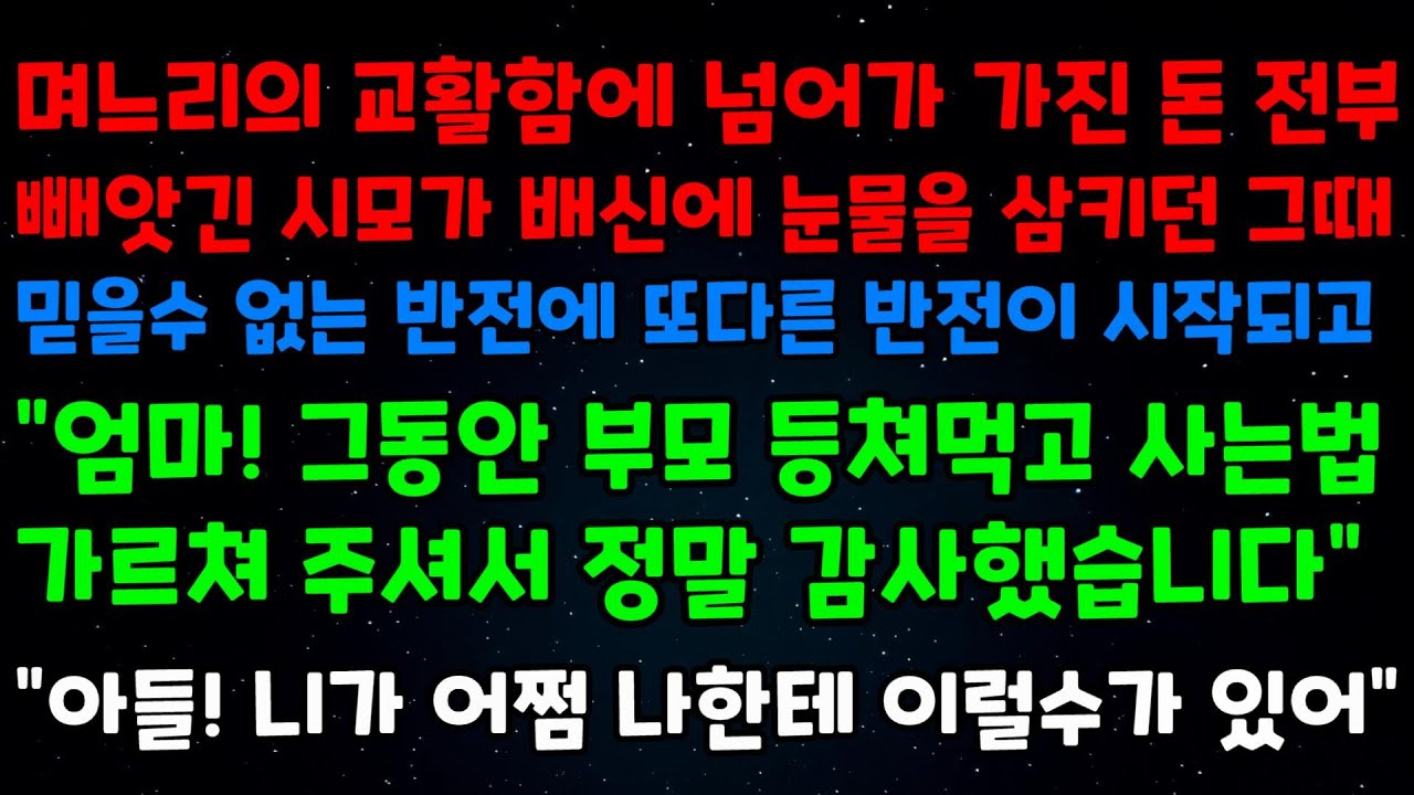 며느리의 교활함에 넘어가 가진돈 전부빼앗긴 시모가 배신에 눈물을 삼키던 그때 믿을수없는 반전에 또다른 반전이 시작되고 