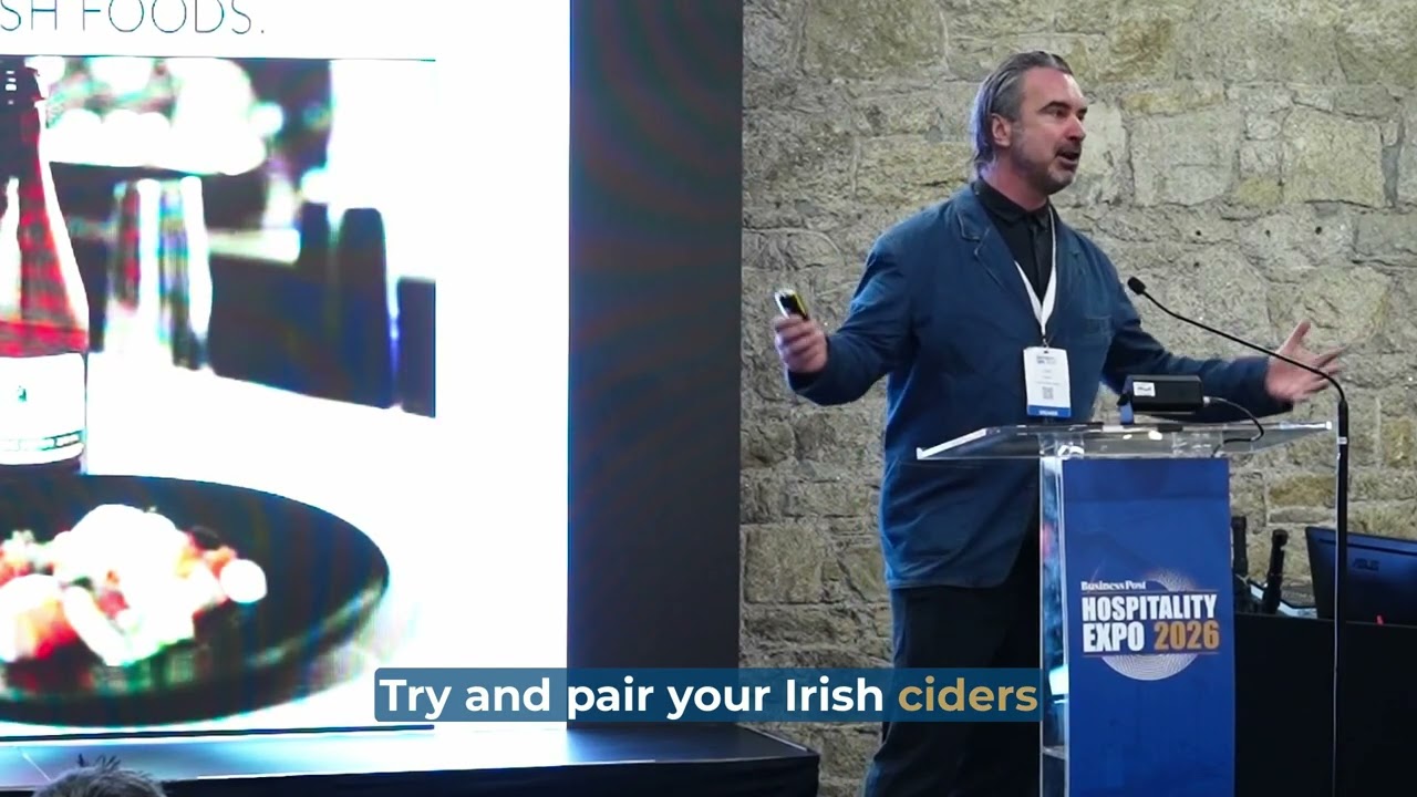Oisin Davis, owner of Great Irish Beverages speaking at Hospitality Expo 2026
