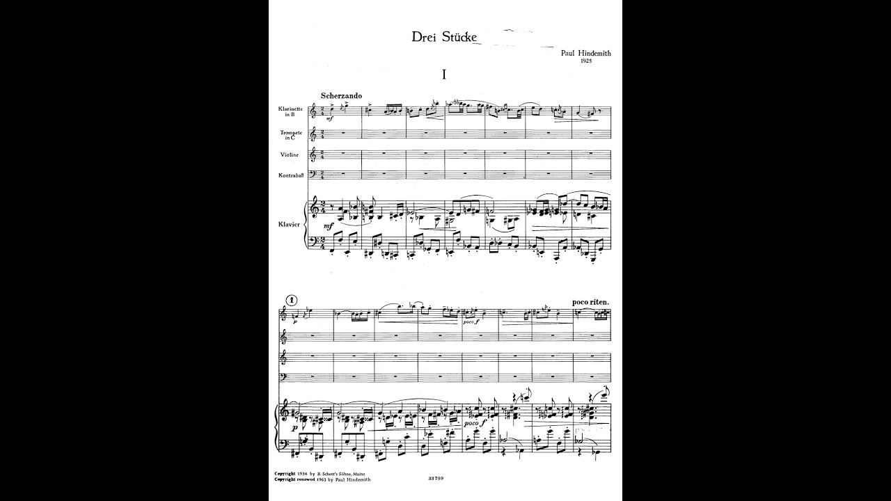 Paul Hindemith – Drei Stücke für 5 Instrumente (Klarinette, Trompete, Violine, Kontrabass, Klavier)