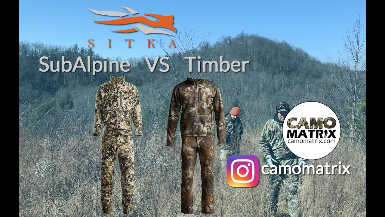 Compare hunting camo patterns Sitka SubAlpine Vs Sitka Timber with deer vision and 14 backgrounds