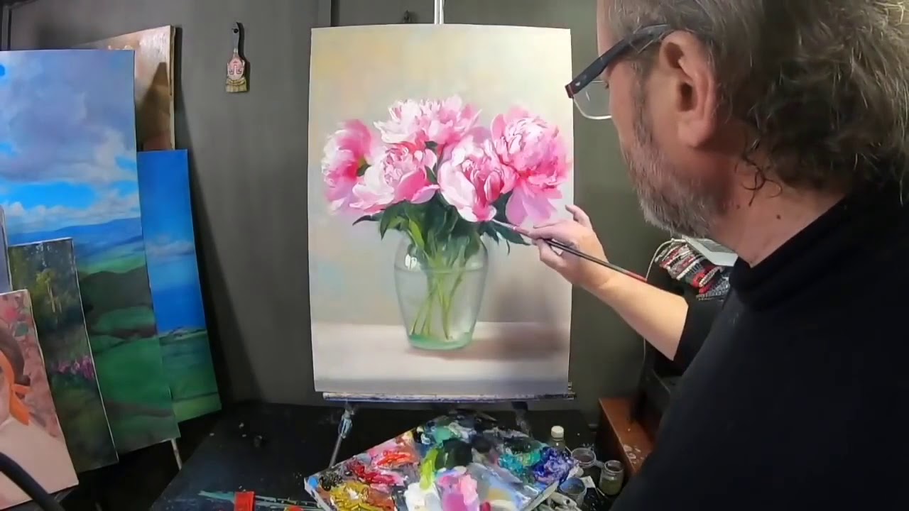 "Pink peonies" painting video lesson. Artist Igor Sakharov