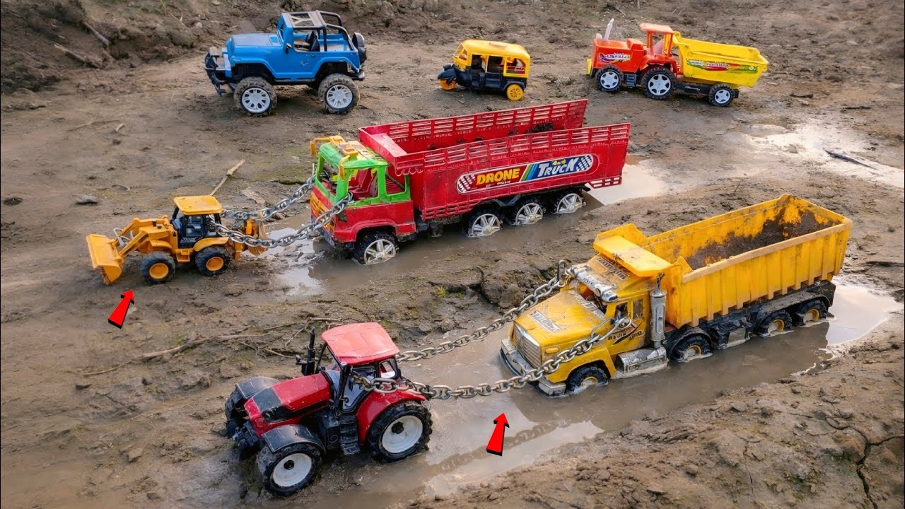 Stuck Dumper and Truck in Mud | Tractor and JCB Pulled Them Out with Chain in Big Rescue | JS TOYS