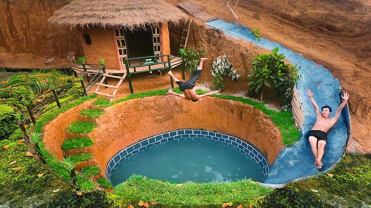 Build Swimming Pool Water Slide Around Secret Underground House (full) - Primitive Survival