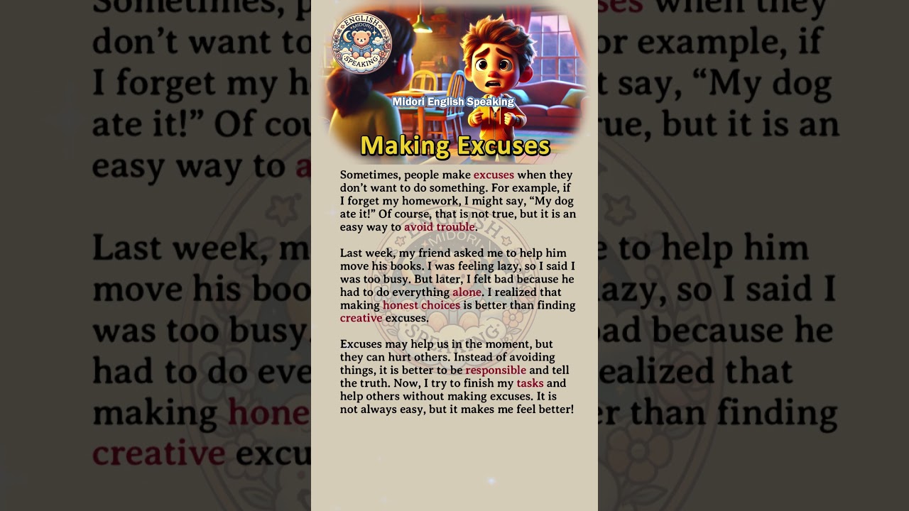 Midori English Speaking :Making Excuses #shorts | learn English| English for beginners | Hearing |