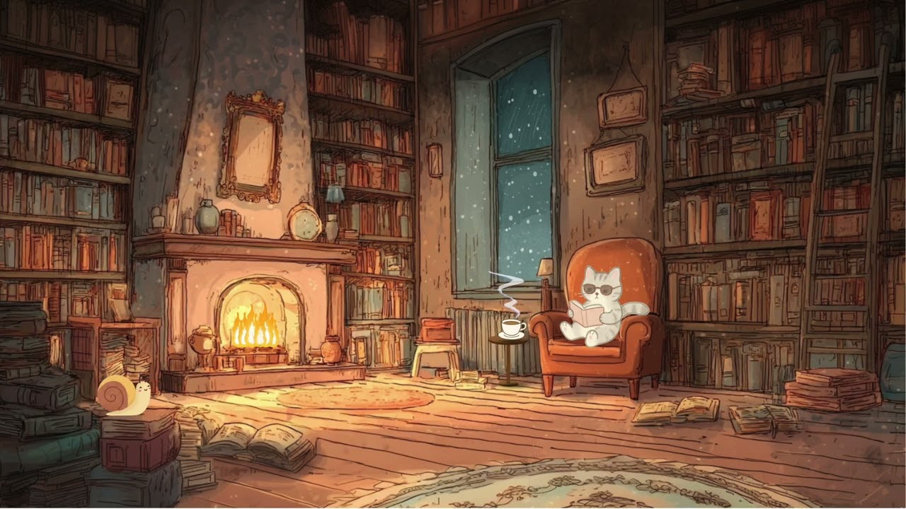 reading in a cozy library while vintage jazz plays and snow falls outside | studying ambience