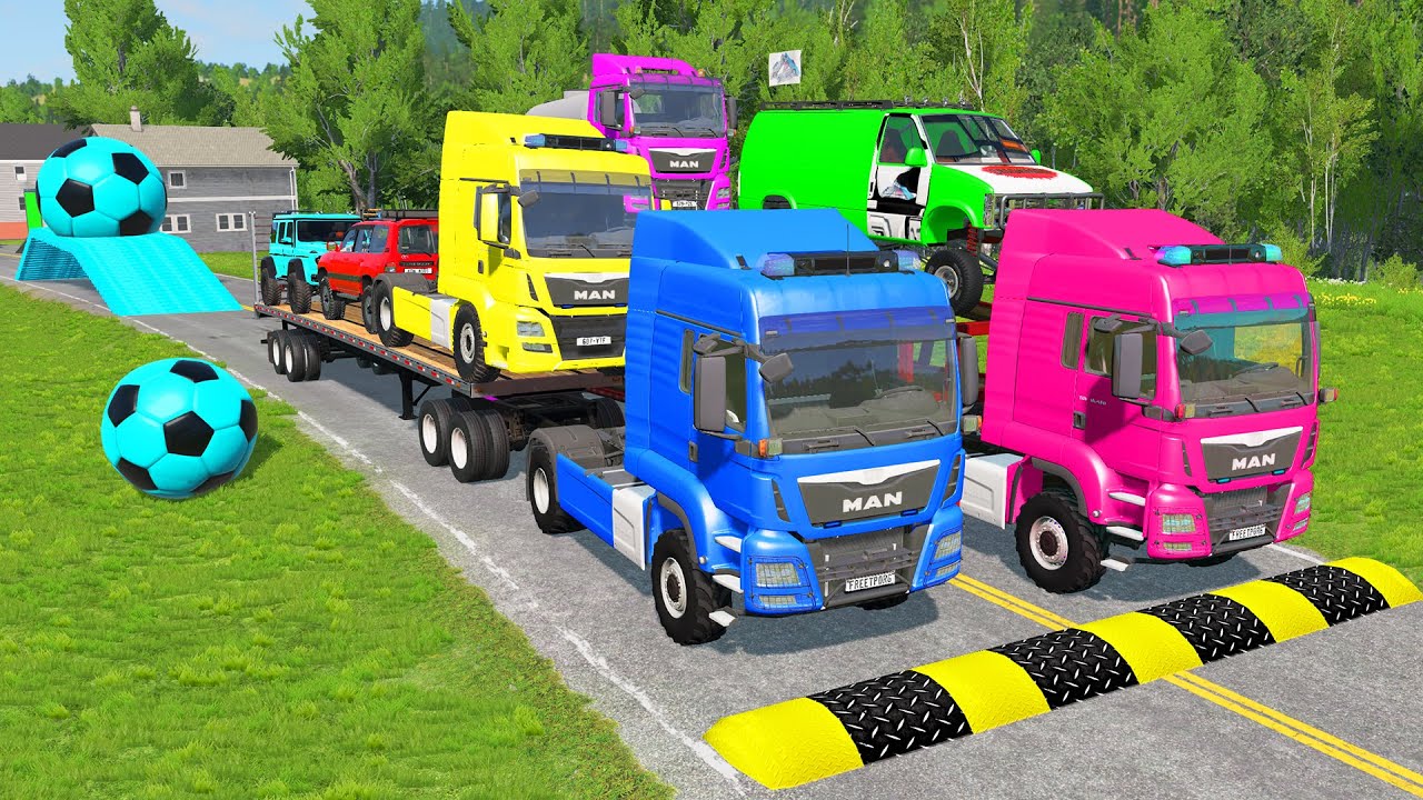 Triple Flatbed Trailer McQueen Transportation with Truck - Speedbumps vs Cars vs Train - BeamNG #33