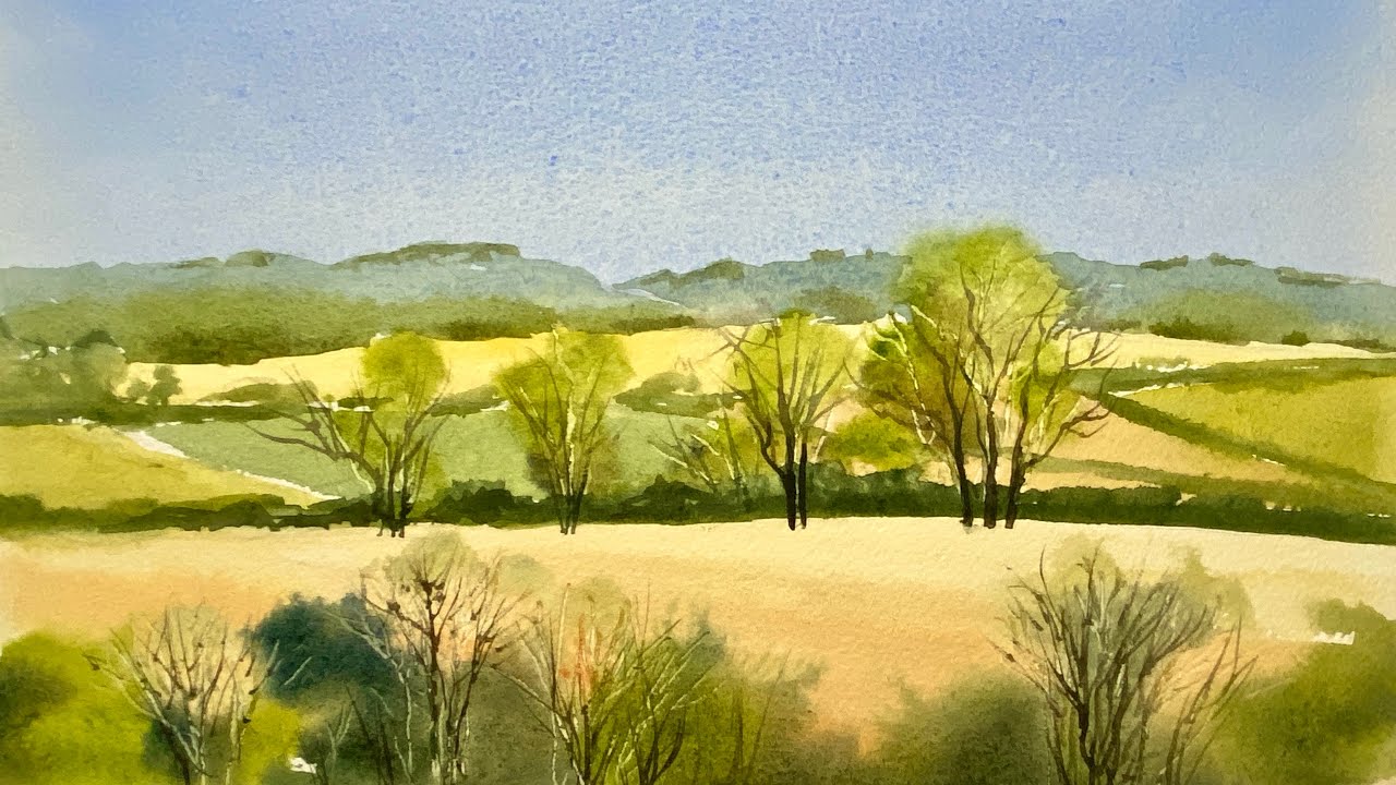 Paint A BEGINNERS Loose Watercolor FIELDS HILLS, SIMPLE Watercolour Landscape PAINTING Tutorial DEMO
