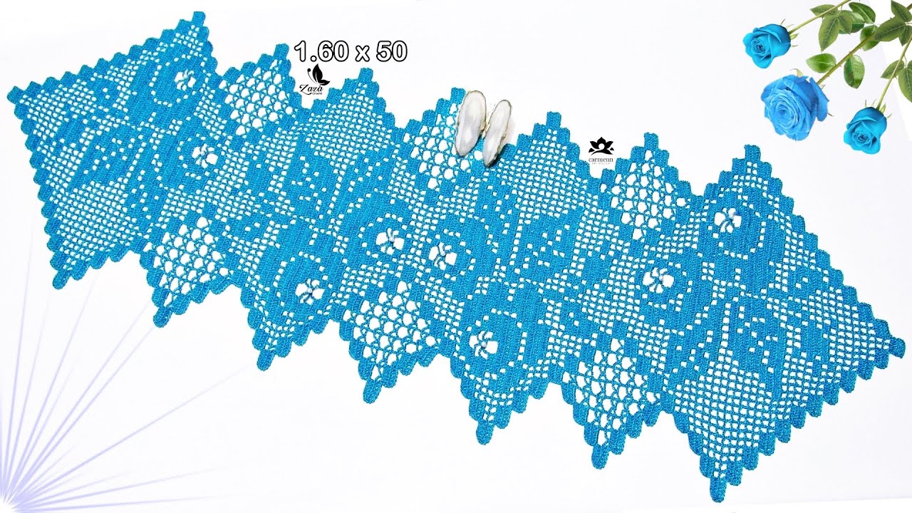 Caminho de Mesa em Crochê Filé Buquê de Rosas