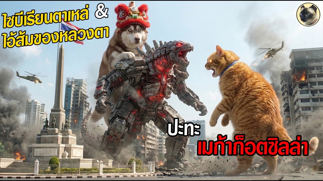 ไซบีเรียนตาเหล่ และไอ้ส้มของหลวงตา ปะทะ เมก้าก็อตซิลล่า Siberian and Orange cat versus Mega Godzilla