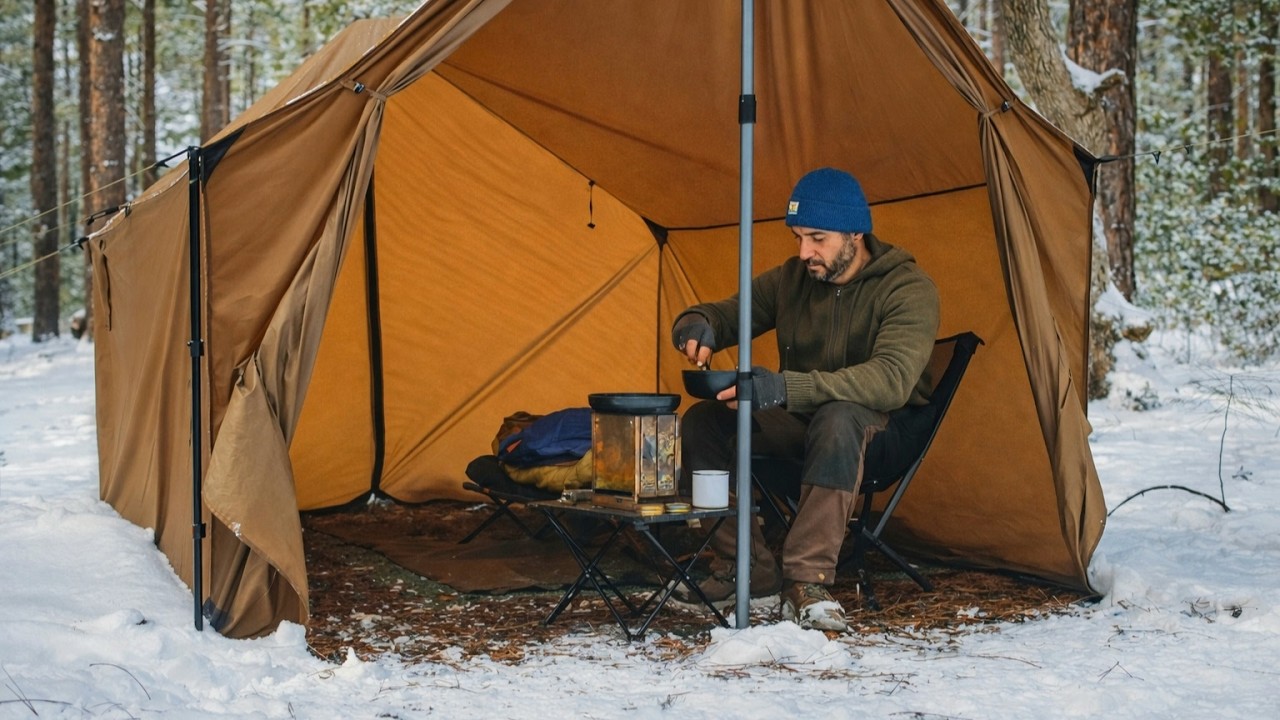 Solo Camping with My Dog in House Tent . Snow Storm ASMR