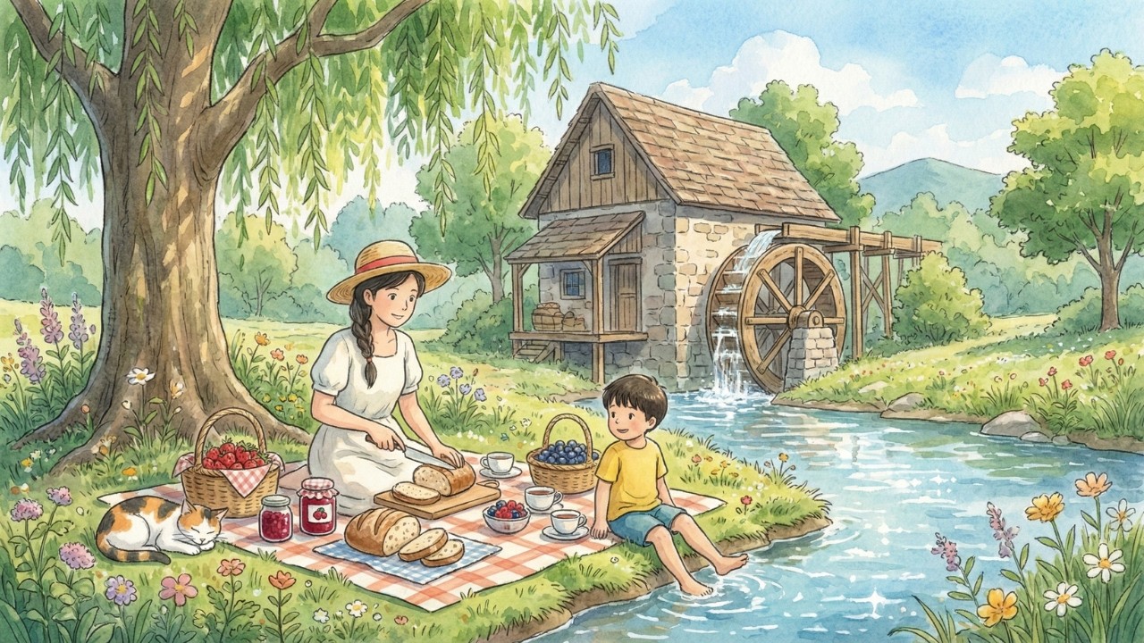 Summer Picnic by the Old Watermill 🧺 Baking Sourdough Bread & Making Berry Jam | Ghibli-Style