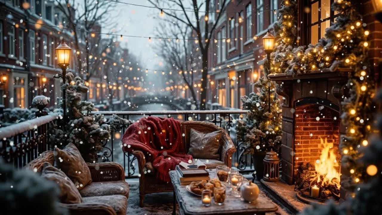 ☕Ralph Lauren Inspired Christmas Balcony | Cozy Fireplace & Snowfall | Winter Ambience
