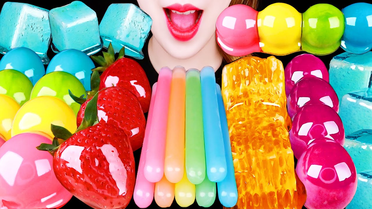 ASMR TANGHULU *HONEYCOMB, RAINBOW JELLY, STRAWBERRY, GRAPE, FROZEN WAX STICK EATING SOUNDS MUKBANG