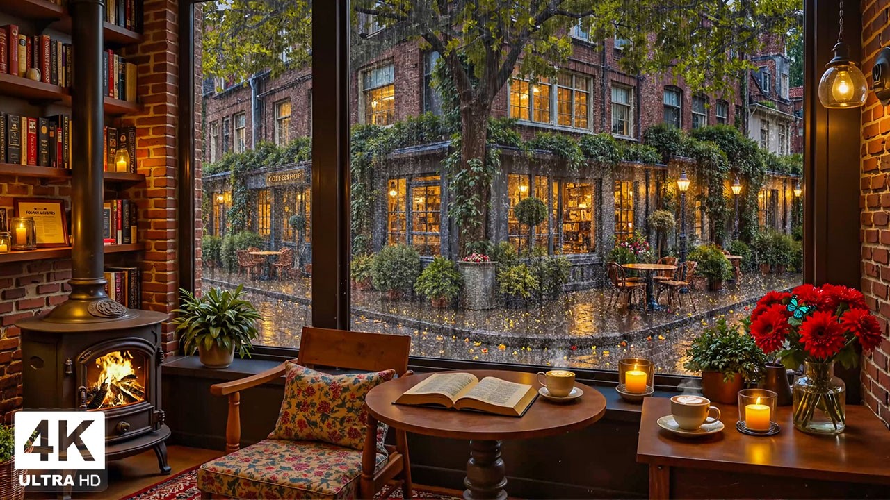 Tranquil Rainy Spring Coffee Shop ☕ Gentle Jazz & Crackling Fireplace for Study & Work