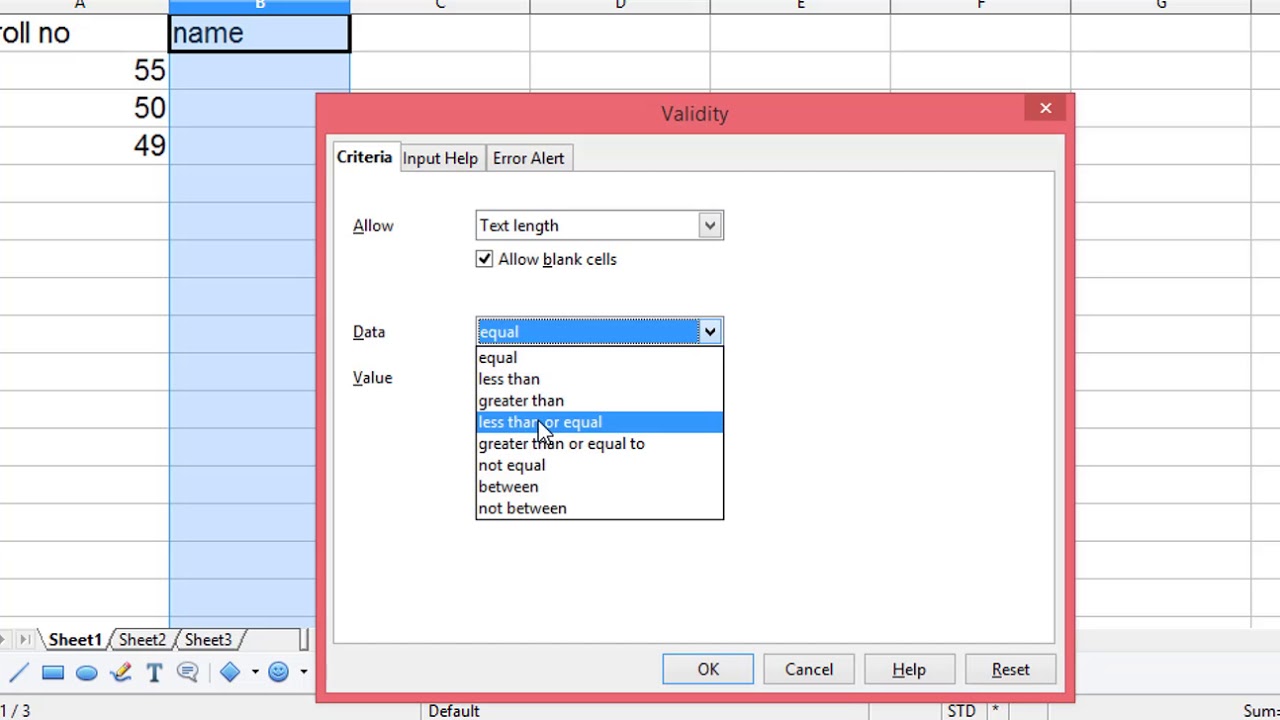 Data validation in open office calc-spreadsheet