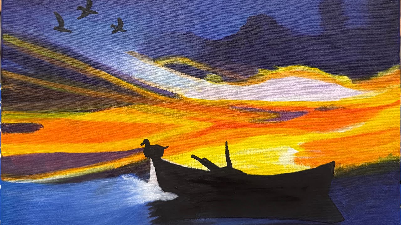 Acrylic landscape with sunset view.#visualart #acrylicpainting #@MyArtForBeginers2025 #viral 