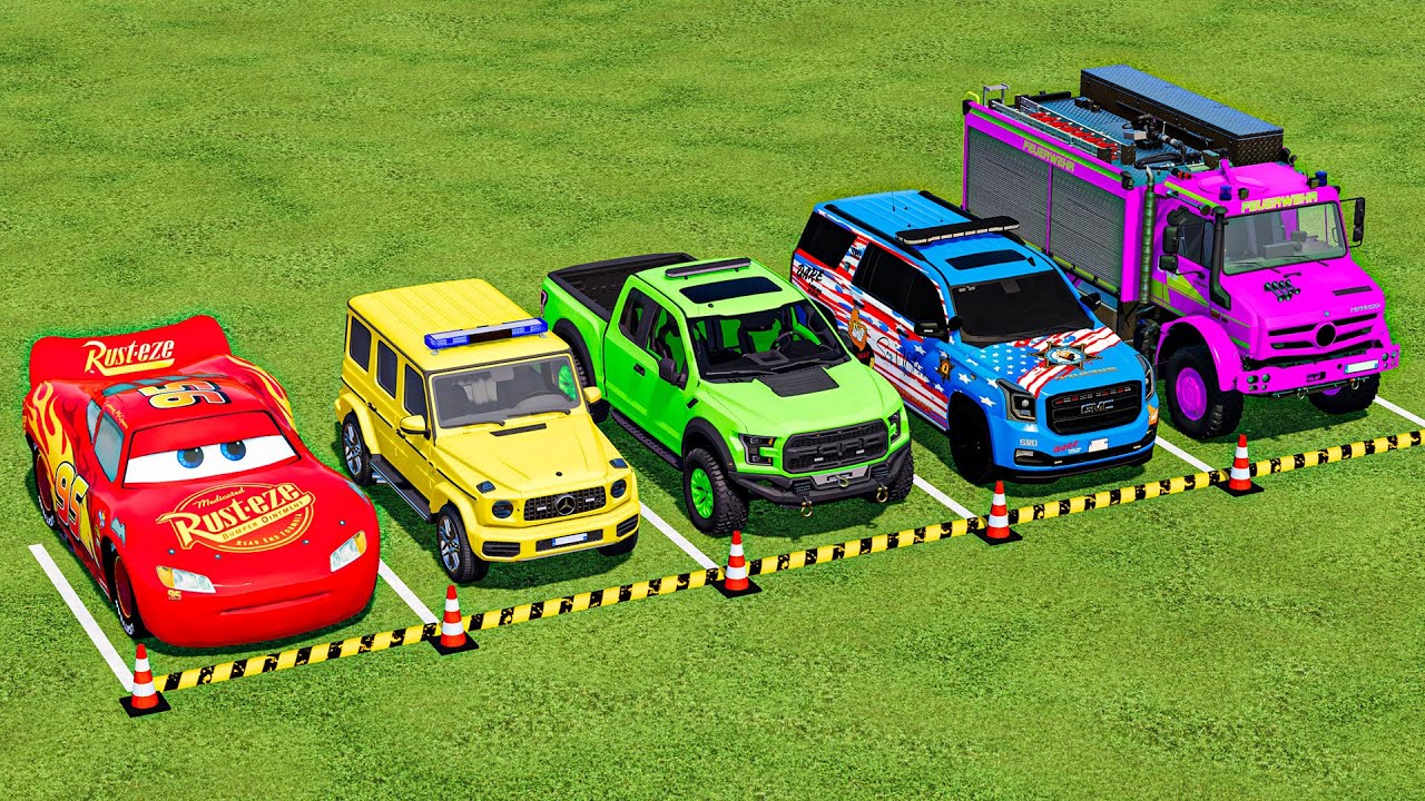 TRANSPORTING PIXAR CARS & FRUITS WITH COLORED & JOHN DEERE vs CLAAS vs TRACTORS - BeamNG.drive #983
