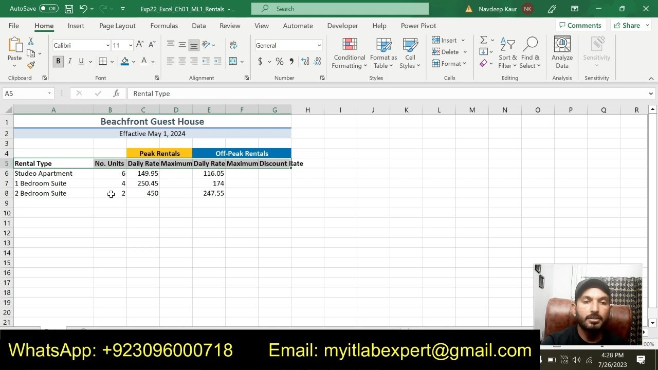 Exp22_Excel_Ch01_ML1_Rentals | Excel Chapter 1 Mid-Level 1 - Guest House Rental Rates