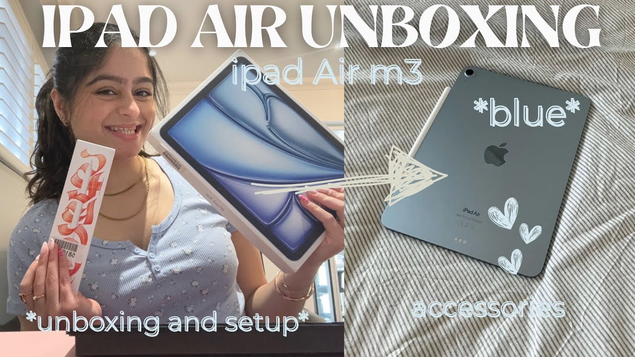 Blue iPad Air m3 unboxing and setup (2025) ✨| Apple Pencil pro + accessories 📦