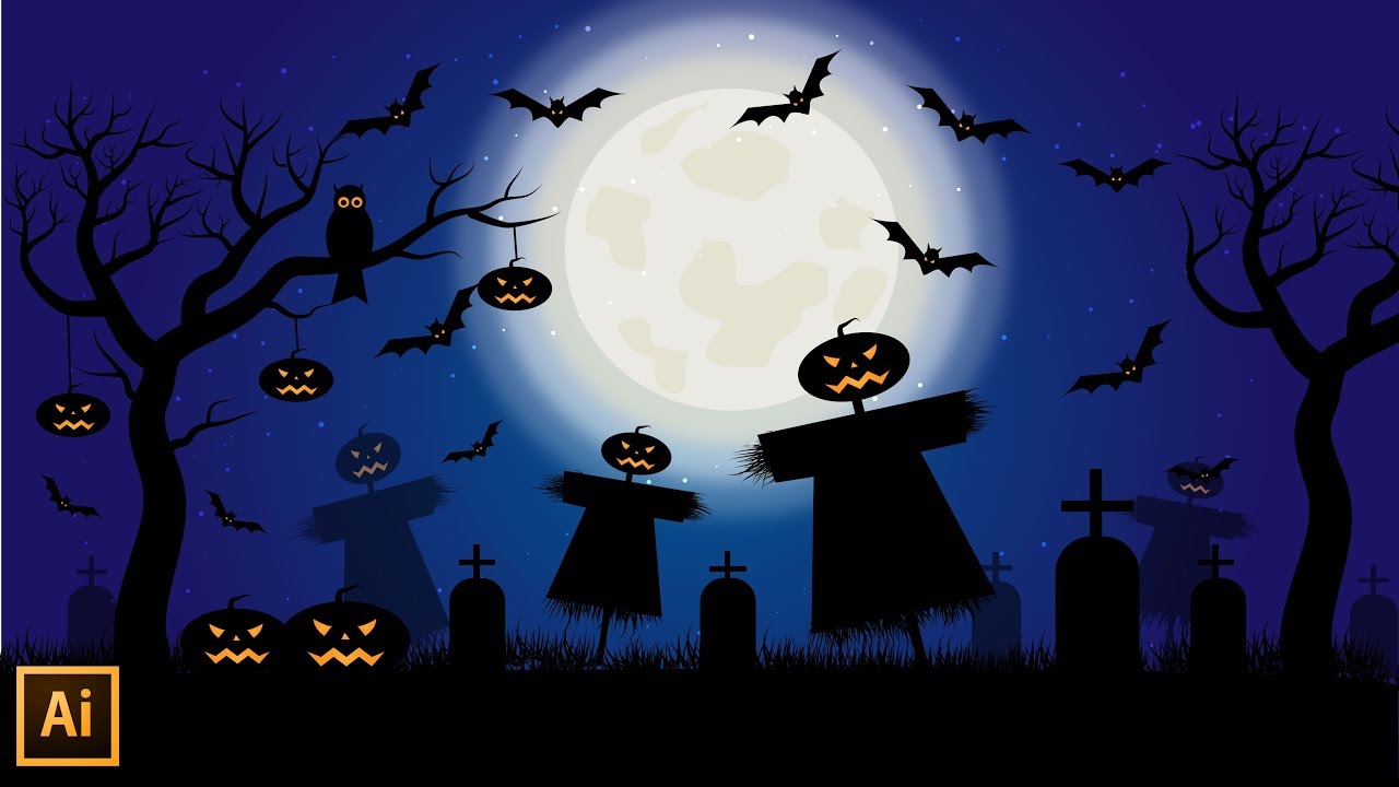 Halloween night illustration with silhouette moonlight in Illustrator | Halloween illustrator