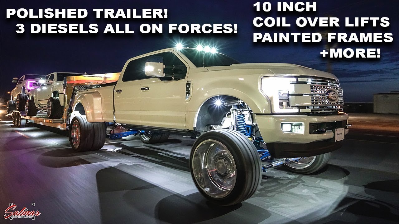 EVEN THE TRAILER IS POLISHED?!? 2017 F350 ON 26S TOWS 2018 F250 LIMITED AND DROPPED DENALI!