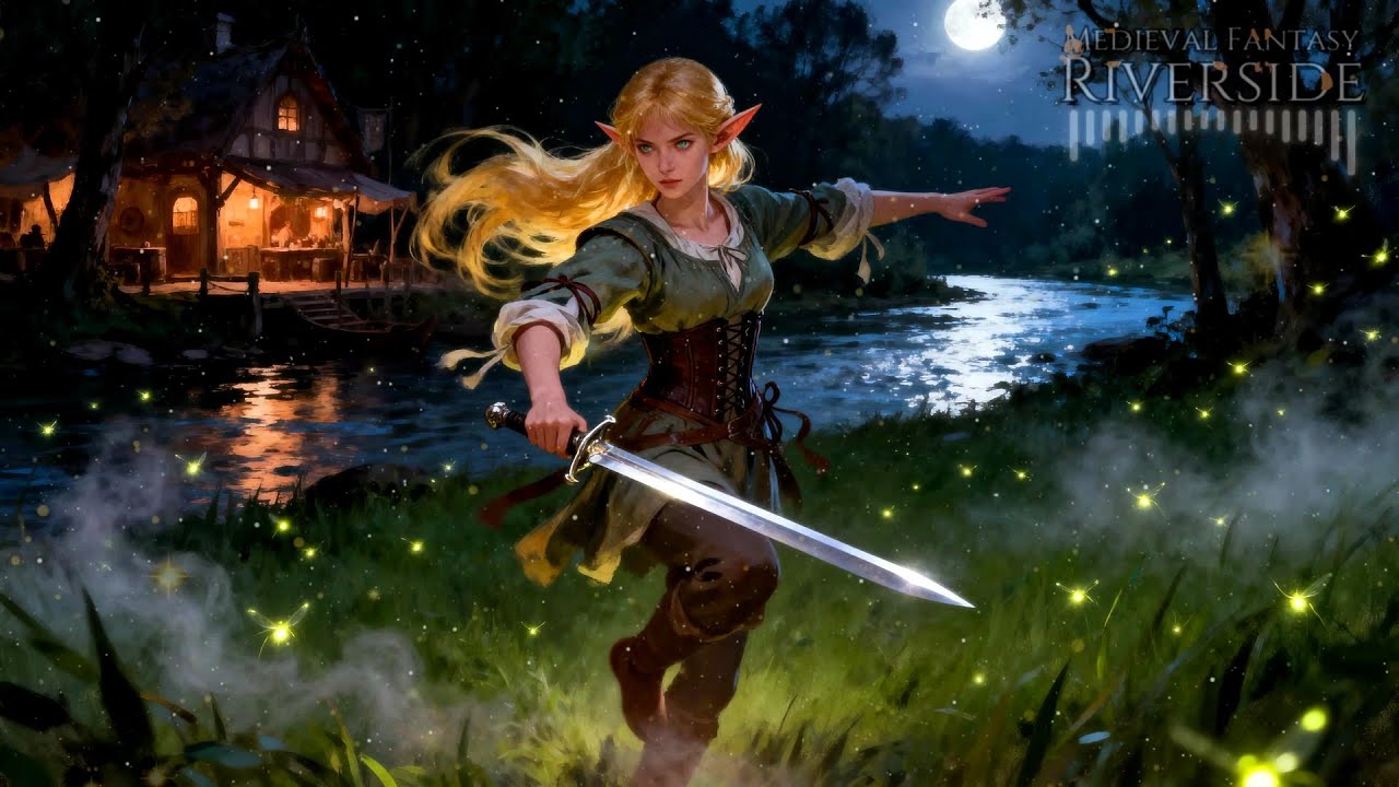Riverside Evening • Nighttime Tavern Scene with Lute and Laughter • Medieval Fantasy Riverside