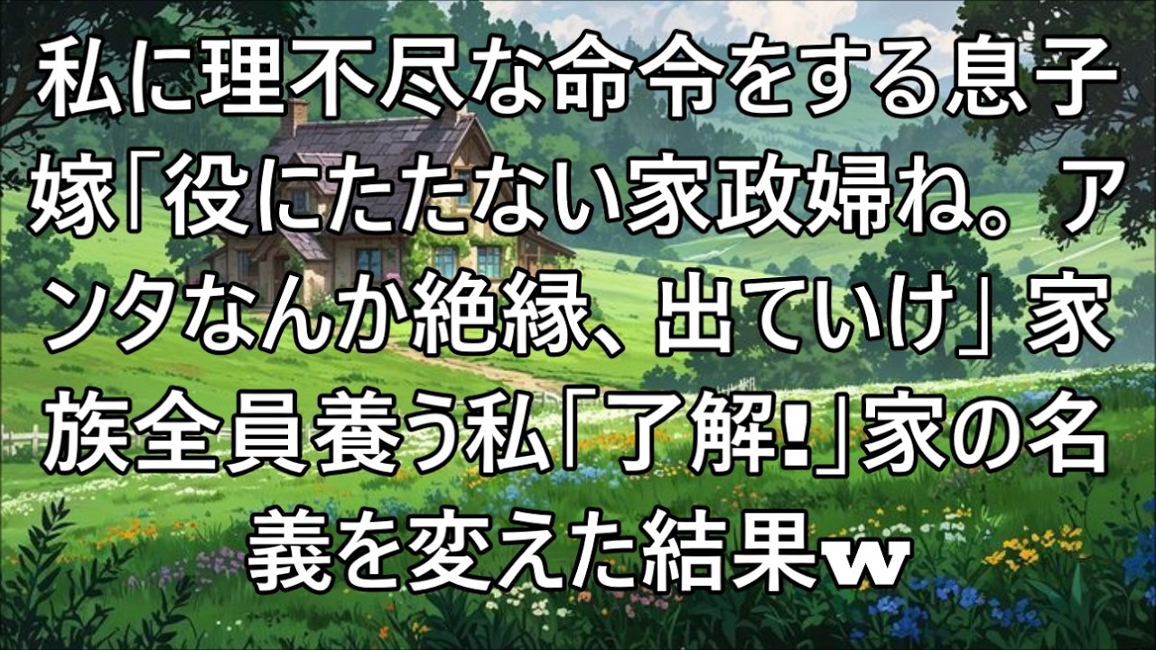 【スカッとする話】私が息子夫婦と孫を養っているとも知らず引っ越しを強要する息子嫁「役にたたない家政婦！アンタなんか絶縁よ！」家族一同を養う私「了解」→家の名義