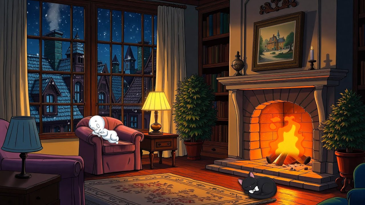 1950's Cozy Living Room with Vintage Oldies Playing in Another Room (Crackling Fireplace)