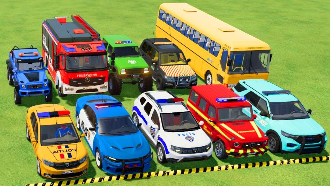 TRANSPORTING POLICE CARS, AMBULANCE, FIRE TRUCK, COLORFUL CARS WITH TRAIN -FARMING SIMULATOR 22!