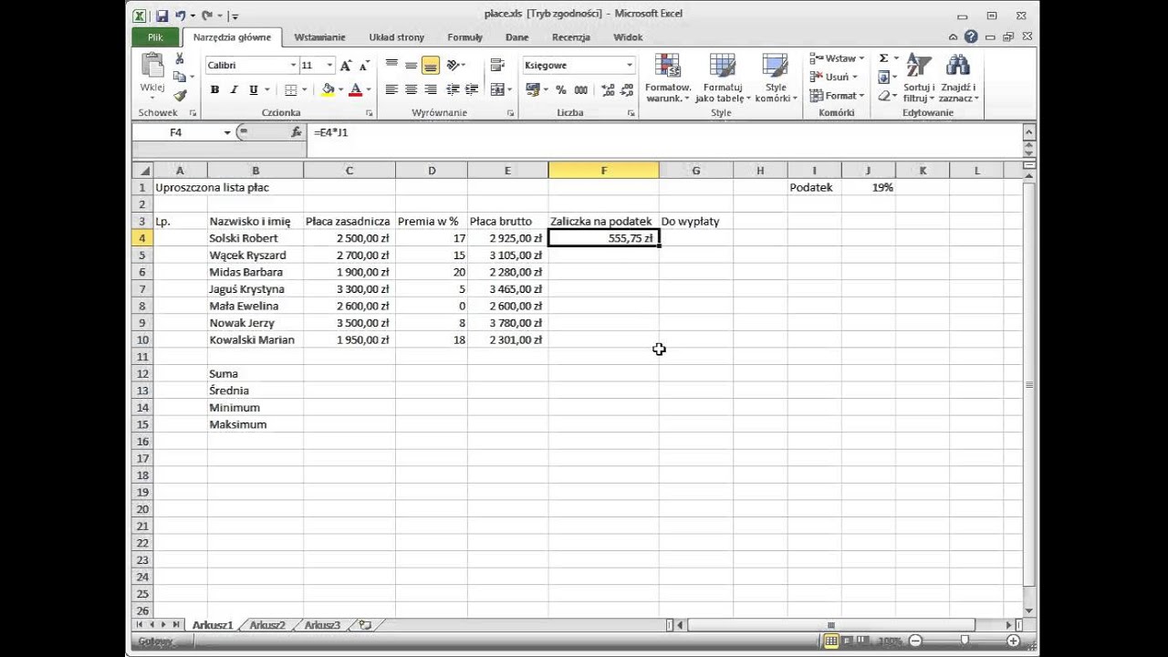 excel uproszczona lista plac