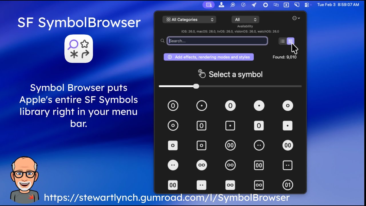 Приложение SymbolBrowser для Mac (меню)