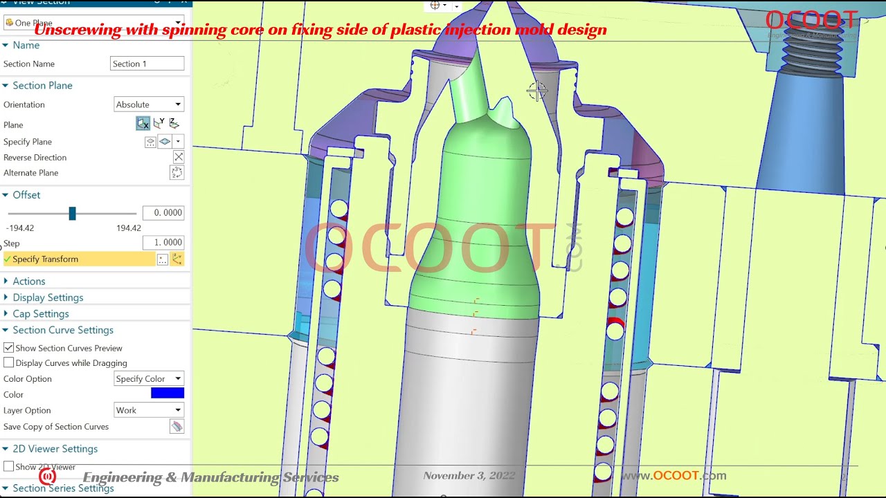Unscrewing with spinning core on fixing side of plastic injection mold design by ocoot.com