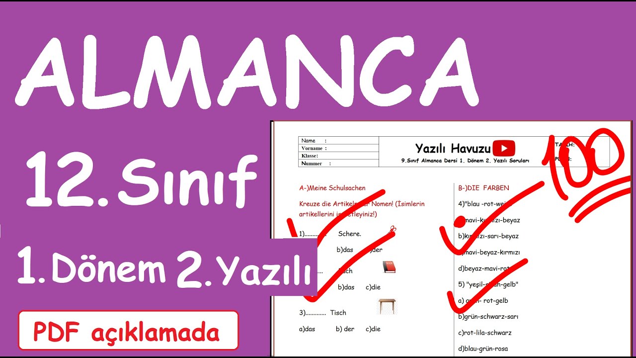 Almanca 12. Sınıf 1. Dönem 2. Yazılı Soruları Almanca yazılıya hazırlık (PDF si açıklamada)