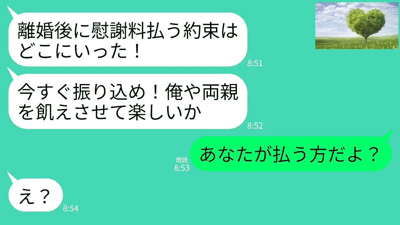 【LINE】離婚した翌月に生活費の催促をしてくる元夫「約束の支払いまだ？うちの両親飢えさせる気か？給料差し押さえんぞ」→私「あなたが慰謝料払うんだよ？」元夫「え？」