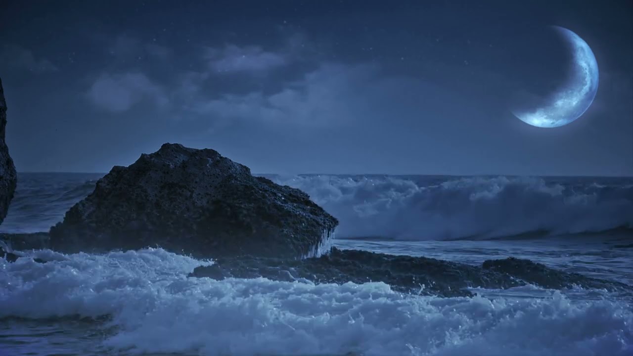 Moonlit Ocean Waves Crashing on Rocks Sound Therapy For Sleep Studying
