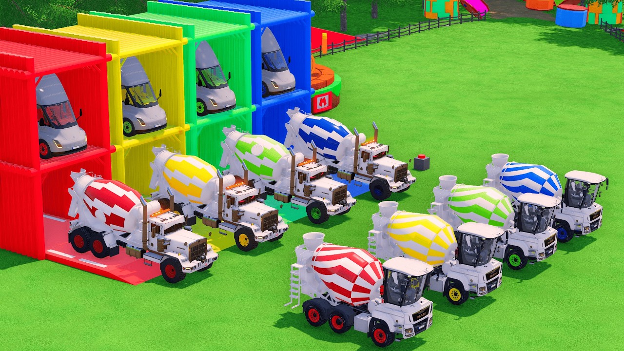 Garage with Colors - ALL MIXER TRUCK WITH DOUBLE FLATBED TRAILER TRUCK, MAN, TESLA, TLS, FS22 #94